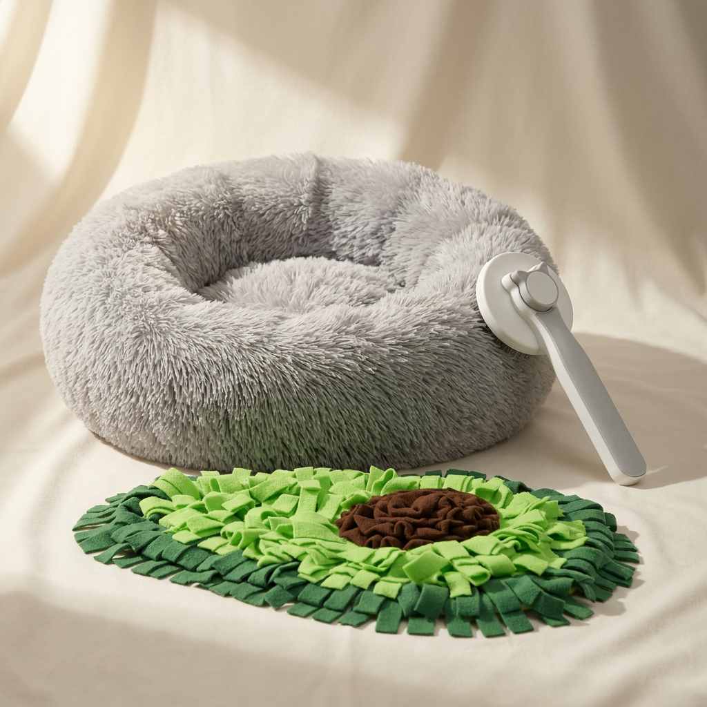Happy-Dog-Komplettset – Schnüffelteppich, Fellbürste & Donut-Bett